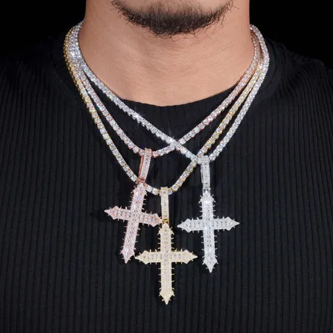 Hip Hop S925 Sterlingsilber Moissanit Kreuz Anhänger Halskette Für Herren Damen Iced Out Spike Schmuck Mit GRA Zertifikat