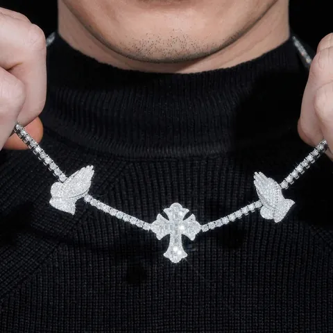 GRA S925 Sterling Silver Moissanite Tennis Chain Necklace For Men Hip Hop Iced Out Cross And Praying Hands Pendant Neck Jewelry