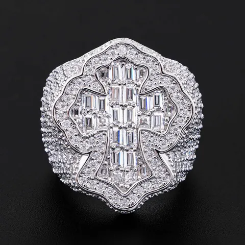 925 Sterling Silver Rectangular D Color VVS Moissanite Ring Hip Hop Full Diamond Cross Finger Ring GRA Certified Jewelry