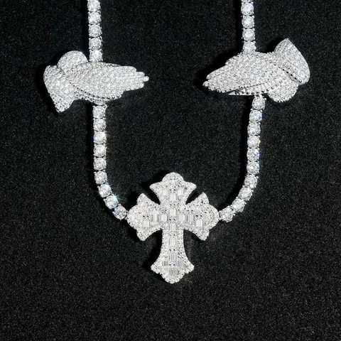 GRA S925 Sterling Silver Moissanite Tennis Chain Necklace For Men Hip Hop Iced Out Cross And Praying Hands Pendant Neck Jewelry