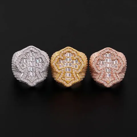 925 Sterling Silver Rectangular D Color VVS Moissanite Ring Hip Hop Full Diamond Cross Finger Ring GRA Certified Jewelry