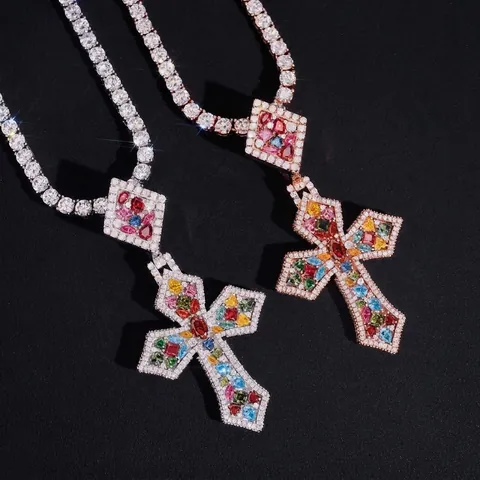 Pendentif Croix en Moissanite Colorée Argent Sterling 925 Bijoux Hip Hop Unisexe Avec Certificat GRA Pendentif Seul Sans Chaîne