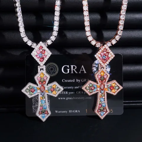 Pendentif Croix en Moissanite Colorée Argent Sterling 925 Bijoux Hip Hop Unisexe Avec Certificat GRA Pendentif Seul Sans Chaîne