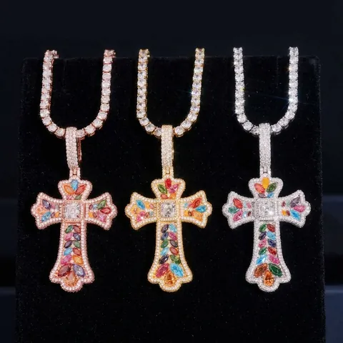 Colgante de Cruz de Plata de Ley 925 Moissanita Joyería Hip Hop Multicolor Diamante de Laboratorio Certificado GRA Collar para Hombre