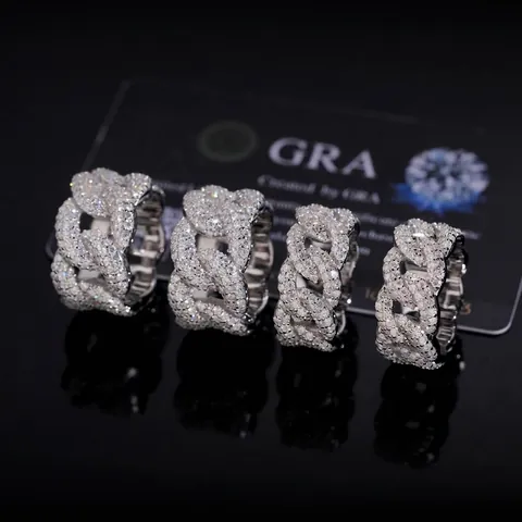 Color D VVS Moissanita Anillo de Eslabón Cubano Plata de Ley 925 Full Pave Hip Hop Anillo de Banda para Hombres Mujeres Certificado GRA