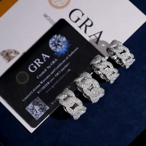 Color D VVS Moissanita Anillo de Eslabón Cubano Plata de Ley 925 Full Pave Hip Hop Anillo de Banda para Hombres Mujeres Certificado GRA