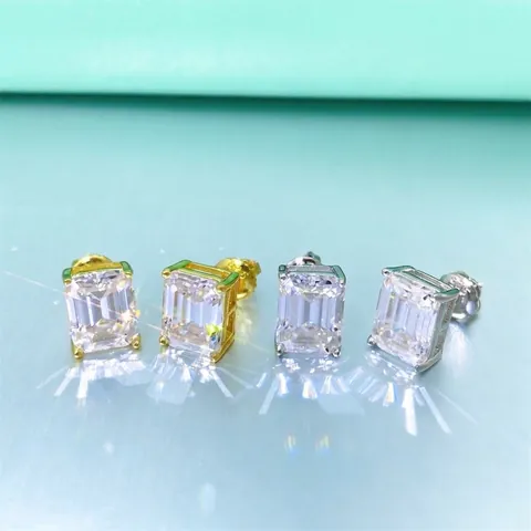 Pendientes de Botón de Plata de Ley 925 Moissanita Hip Hop para Hombre Mujer Corte Esmeralda Pendientes de Diamante con Certificado GRA Joyería