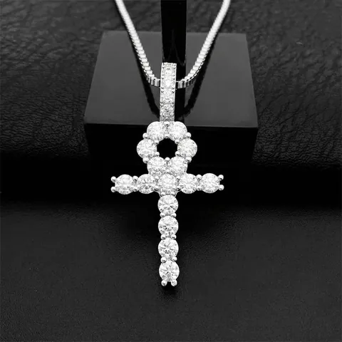 Hip Hop 925 Sterling Silver 4mm Moissanite Ankh Cross Μενταγιόν Κολιέ για Άνδρες Γυναίκες Iced Out Θρησκευτικά Κοσμήματα