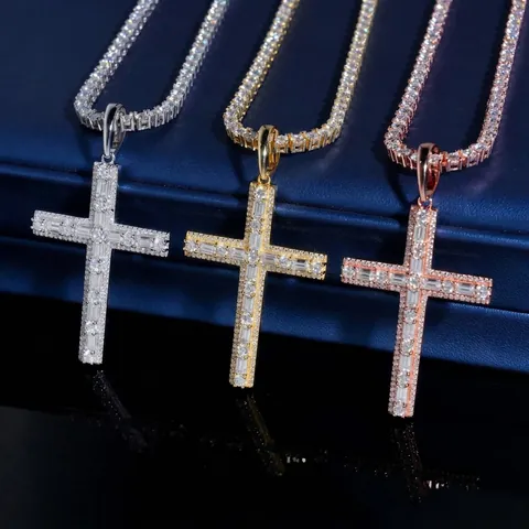 Hip Hop 925 Sterling Silver Moissanite Cross Pendant Necklace For Men GRA Certified Iced Out Tennis Chain Jewelry Gift