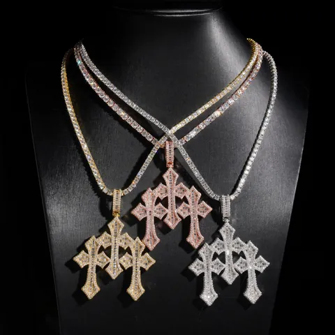 Hip Hop 925 Sterling Silver Triple Cross Pendant Necklace Pave Moissanite D Color VVS1 With GRA Certificate For Men Jewelry