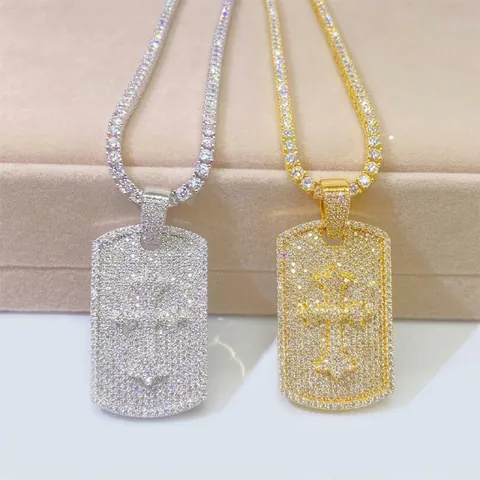 Hip Hop 925 Sterling Silver Moissanite Cross Pendant Necklace Iced Out Rectangle Tag Charm For Men Women Jewelry