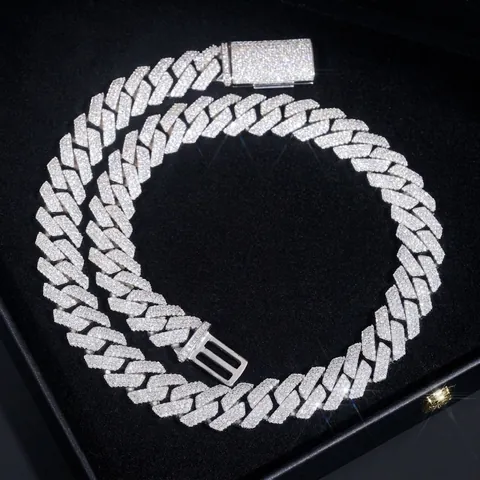 GRA 925 Sterlingsilber Moissanit Panzerkette Halskette Für Herren Damen 14mm Drei-Reihen-Pavé Rhombus Hip Hop Schmuck
