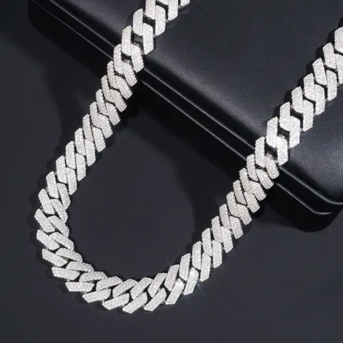 GRA 925 Sterlingsilber Moissanit Panzerkette Halskette Für Herren Damen 14mm Drei-Reihen-Pavé Rhombus Hip Hop Schmuck