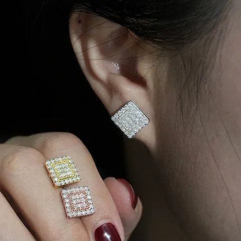 Pendientes de Botón de Moissanita de Plata de Ley 925 para Hombre Mujer Cuadrados Empedrados Minimalistas Geométricos Cierre Tornillo Joyería