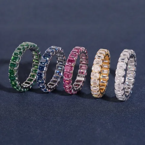 Bague Moissanite en Argent Sterling 925 Hip Hop pour Hommes Femmes GRA Taille Émeraude Alliance Éternité Pavé une Rangée