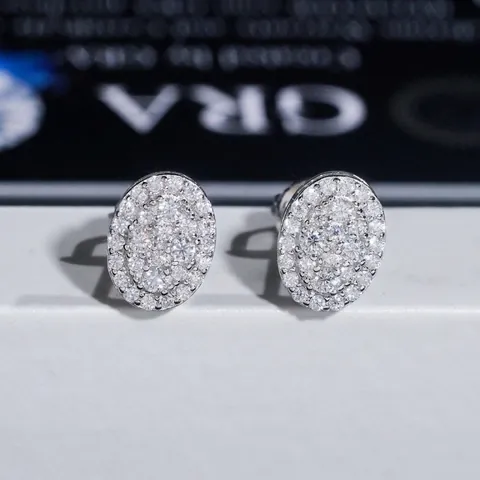 GRA Pendientes de Botón de Moissanita Ovalados de Plata de Ley 925 Chapados en Oro Blanco Engaste Pavé Joyería Hip-Hop Lujosa para Mujer Hombre