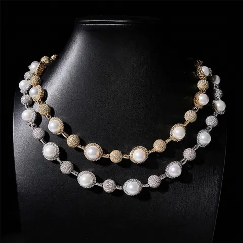 Hip Hop GRA Moissanite Artificial Pearl Pave Necklace 925 Sterling Silver 10mm Beads Iced Out Jewelry For Men Women Trendy Gift