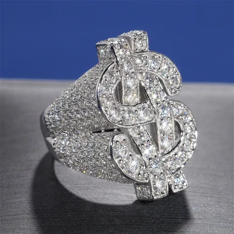 Men Hip Hop 925 Sterling Silver Moissanite Dollar Sign Ring D Color VVS1 Iced Out Bling Ring With GRA Certificate