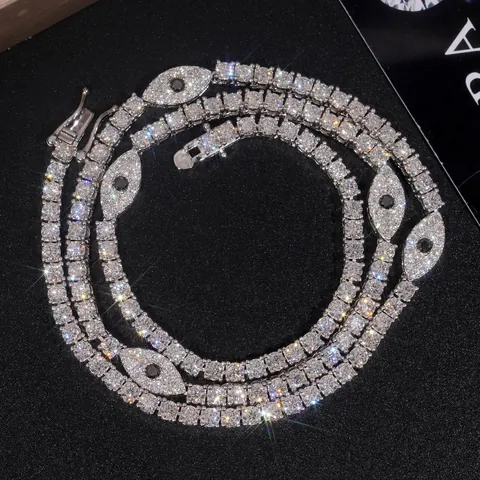 925 Sterling Silber Moissanit Evil Eye Tennis-Kette Halskette Hip Hop Schmuck GRA Zertifikat Weißgold Überzogene Kette