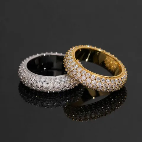 Anillo de Moissanita de Plata de Ley 925 Hip Hop para Hombre Mujer Certificado GRA VVS Cuatro Filas Redondo Incrustado Joyería