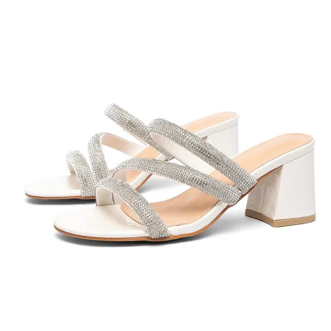 Women's Rhinestone Heeled Sandals Square Toe Block Heel Mules Sparkly Crystal Strappy High Heels Slip On Party Dress Shoes