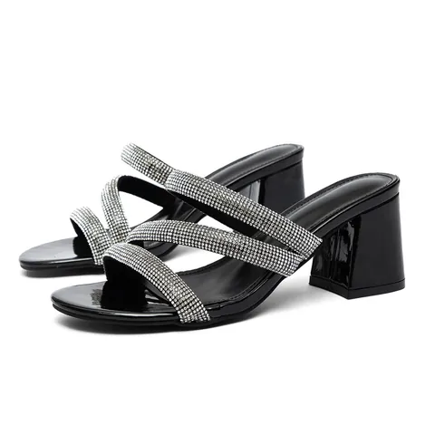 Women's Rhinestone Heeled Sandals Square Toe Block Heel Mules Sparkly Crystal Strappy High Heels Slip On Party Dress Shoes