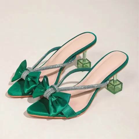 Sandali da Donna con Tacco Alto Punta Acssentuata Eleganti Fiocco in Raso Decorazione in Strass Scarpe con Tacco in Vetro Trasparente