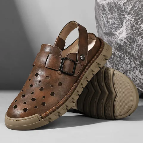 Heren Retro Microvezel Leer Hol Ademend Sandalen Casual Twee Manieren van Dragen Instapper Outdoor Strand Schoenen Antislip Grote Maat