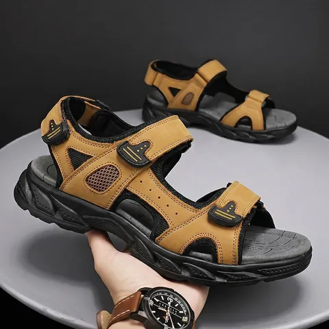 Men's Genuine Cowhide Leather Sandals Breathable Anti-slip Outdoor Beach Sandals Lightweight Open Toe Hook-and-Loop Shoes