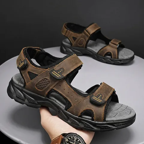 Men's Genuine Cowhide Leather Sandals Breathable Anti-slip Outdoor Beach Sandals Lightweight Open Toe Hook-and-Loop Shoes