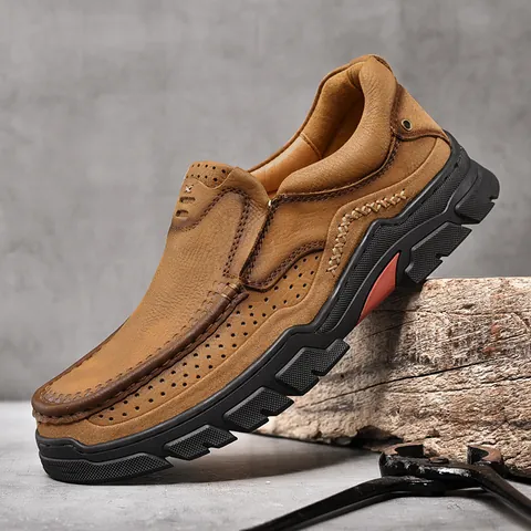 Chaussures en Cuir de Vachette de Première Couche pour Hommes Décontractées Antidérapantes Respirantes Loafers Cousu Main Résistantes