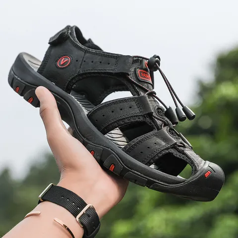 Heren Outdoor Sandalen Zomer Strand Ademend Casual Echt Leer Gesloten Teen Anti-Botsing Vissersschoenen
