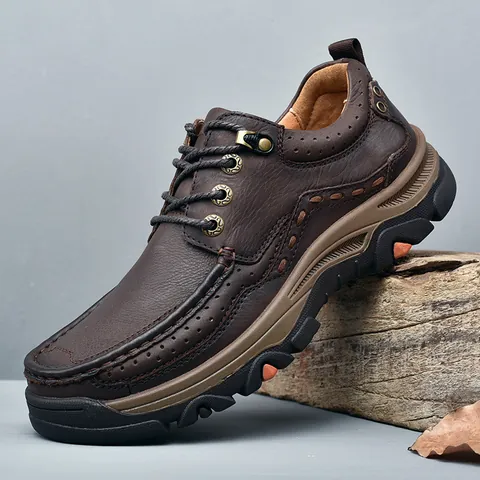 Men Genuine Leather Casual Shoes Outdoor Workwear Non-Slip Loafers Top Layer Cowhide Round Toe Lace-Up Slip-On Male Footwear