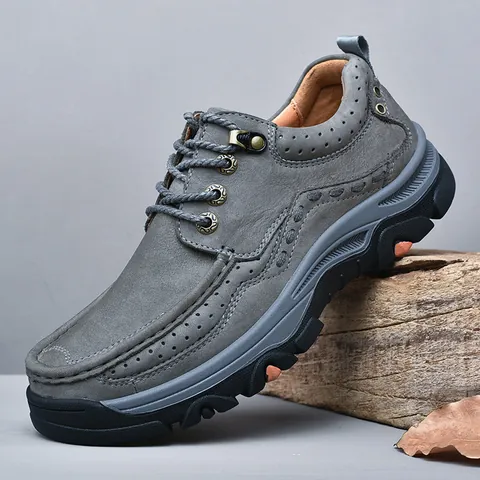 Men Genuine Leather Casual Shoes Outdoor Workwear Non-Slip Loafers Top Layer Cowhide Round Toe Lace-Up Slip-On Male Footwear