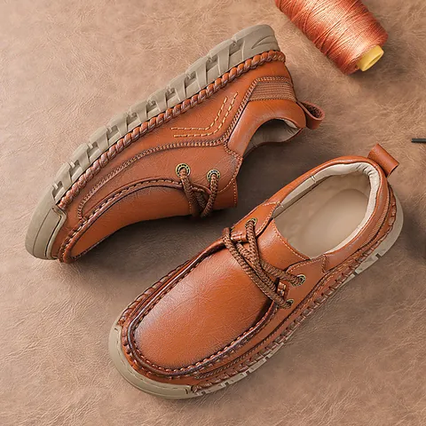 Men's Casual Microfiber Leather Shoes Hand-Stitched Soft Sole Non-slip Low Top Loafers For Middle-aged Men Father Daily Shoes