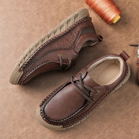 Men's Casual Microfiber Leather Shoes Hand-Stitched Soft Sole Non-slip Low Top Loafers For Middle-aged Men Father Daily Shoes
