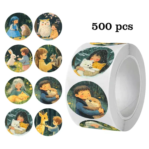 Cartoon Animal Kids Graffiti Round Label Stickers Roll For Journal Envelope Card Party DIY Decorative PVC Stickers