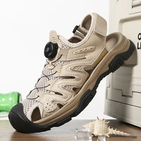 Men Outdoor Sandals Mesh Top Grain Cowhide Rotary Buckle Beach Shoes Breathable Non Slip Casual Sports Sandals Plus Size