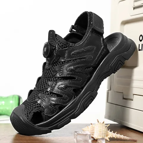 Men Outdoor Sandals Mesh Top Grain Cowhide Rotary Buckle Beach Shoes Breathable Non Slip Casual Sports Sandals Plus Size