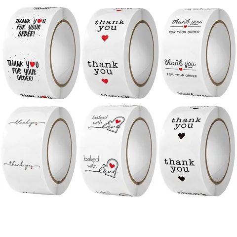 Thank You Stickers Roll For Business Small Shops Round Gift Seal Labels With Heart Pattern Handmade Baking Packaging Labels