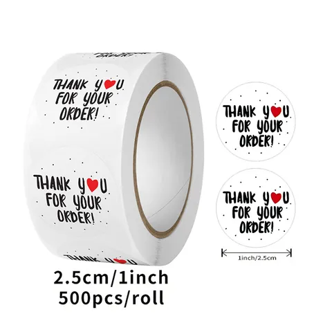 Round Copperplate Paper Adhesive Labels Featuring Thank You Heart Design For Business Gift Packaging And Sealing Stationery Decor