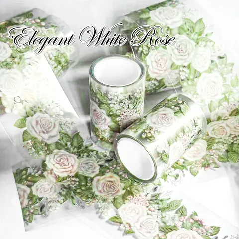 Eleganter Weißer Rose PET-Klebeband Für Scrapbooking Journaling DIY Handwerk 2M Dekoratives Blumen-Sticker-Tape Nordischer Stil