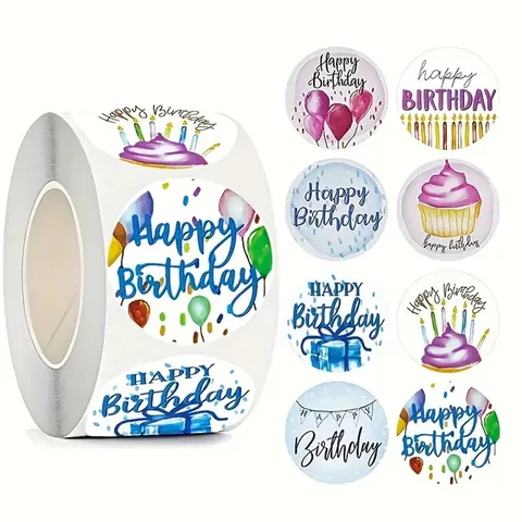 Happy Birthday Round Stickers Cartoon Cake Balloons Pattern Sealing Labels For Gift Wrapping Party Decoration Kids DIY Stickers