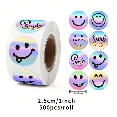Holographic Smiley Face Stickers Round Rainbow Laser Label Roll For Gift Packaging Envelope Sealing Cute Decorative Sticker