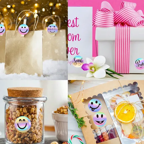 Holographic Smiley Face Stickers Round Rainbow Laser Label Roll For Gift Packaging Envelope Sealing Cute Decorative Sticker