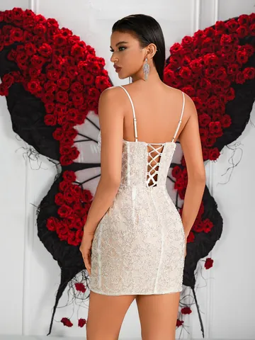 Abito da Donna Sexy in Pizzo con Paillettes Bodycon Mini Abito con Spalline Sottili Corsetto Sera Banchetto Festa Club Abito Bianco