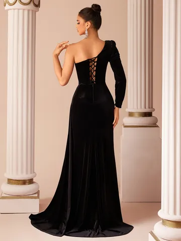 Elegante Vestito da Sera Monospalla in Velluto per Donna Lusso Strass Spacco Sirena Maxi Abito per Banchetto Festa