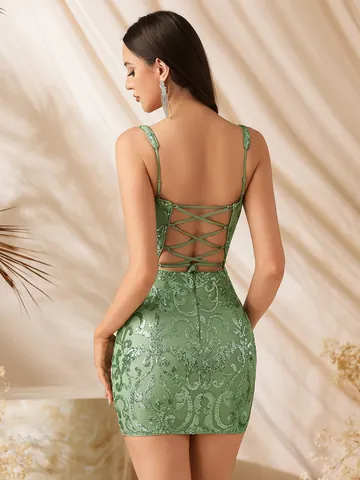 Abito da Donna Mini con Paillettes Spalline Vintage Verde Chiaro Fantasia Floreale Sexy Bodycon Sera Festa Senza Maniche