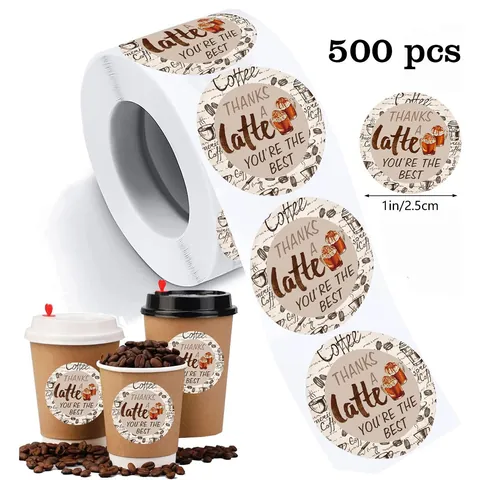 500 Pieces Coffee Theme Thanks A Latte Stickers Round Doodle Graffiti Thank You Labels For Small Business Bakery Drink Packaging