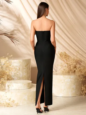 Vestito a Tubo da Donna Elegante a Contrasto Bianco e Nero Design con Fiori 3D Vestito Midi in Maglia Elastan per Banchetti